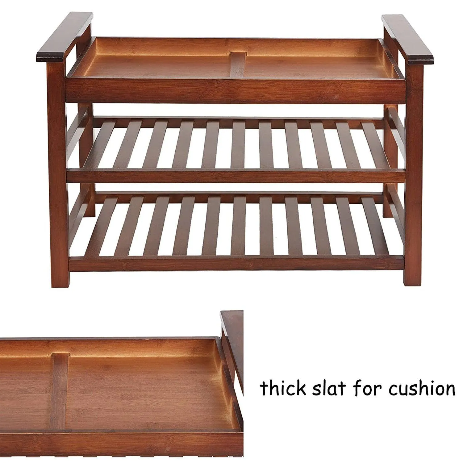 2-Tier Upholstered Bamboo Shoe Rack Bench 30" Entryway Shelf Organizer Storage Bench, Brown