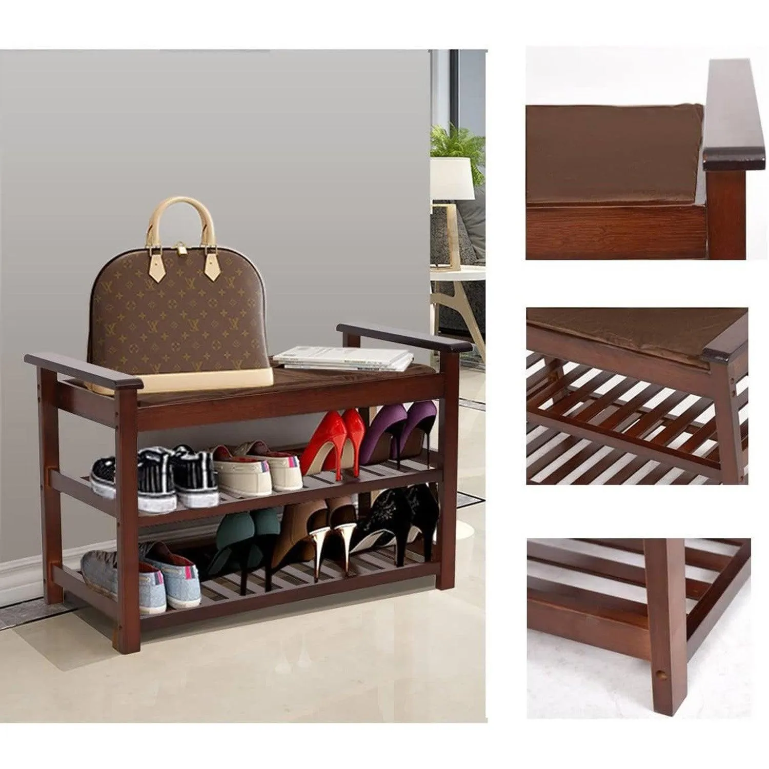 2-Tier Upholstered Bamboo Shoe Rack Bench 30" Entryway Shelf Organizer Storage Bench, Brown