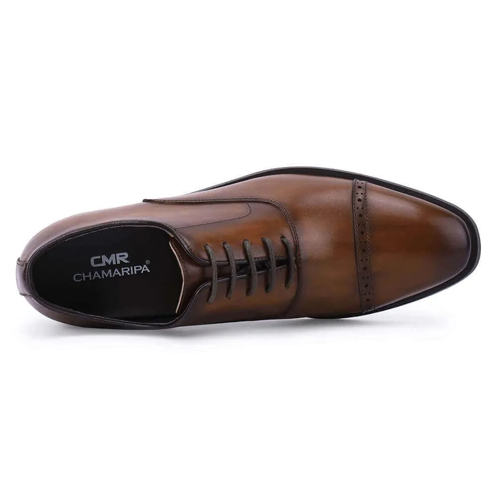 7CM / 2.76 Inches Taller - CMR CHAMARIPA Elevator Derby Shoes For Men - Brown Leather Dress Shoes