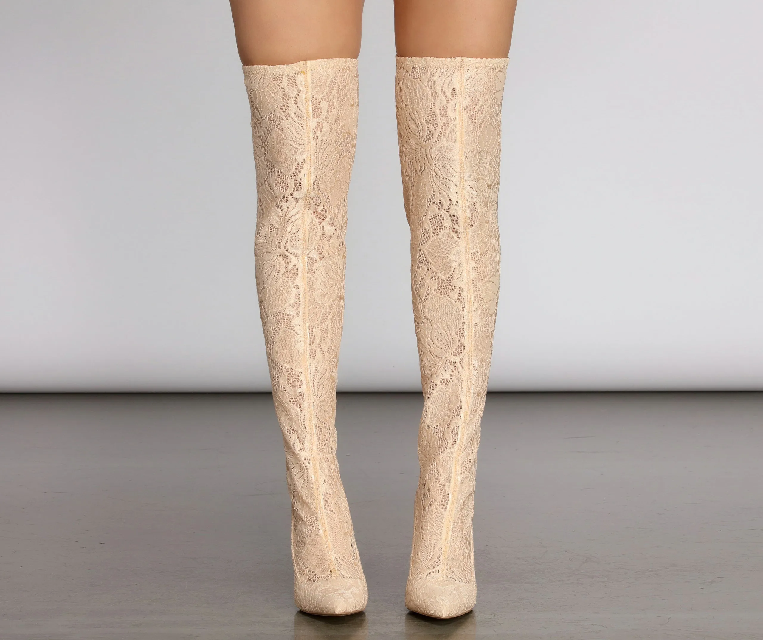 A Madonna Vibe Lace Stiletto Thigh High Boots