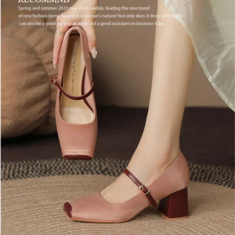 Advbridge  Chunky Heels Mary Jane Women Pumps Square Toe Shallow Ballet Elegant High Heel Fashion Retro Satin Lolita Mary Jane Shoes Ladies