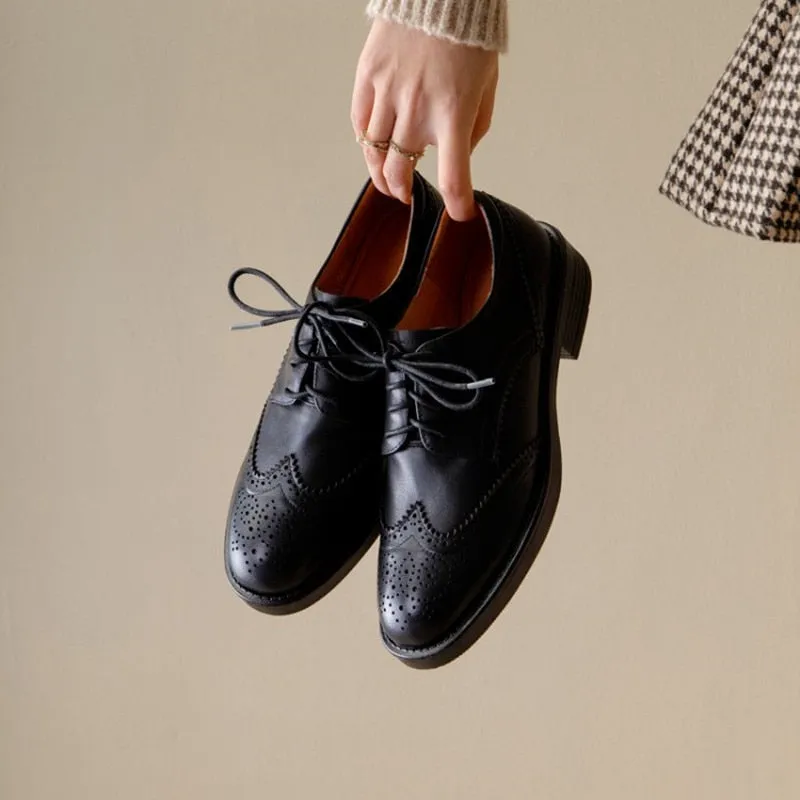 Advbridge Natural Cow Leather Brogues Shoes Women British Carved Dress College Flats Black Brown Lace Up Derby Oxfords