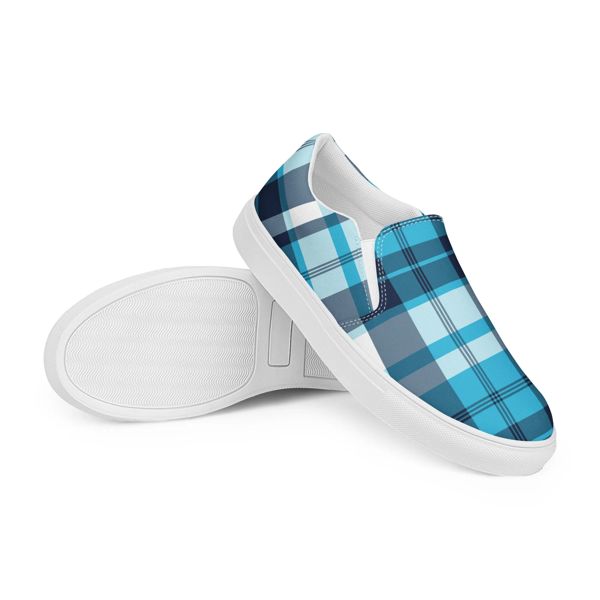 Aqua and Navy Blue Preppy Surfer Plaid Men’s Slip On Canvas Shoes