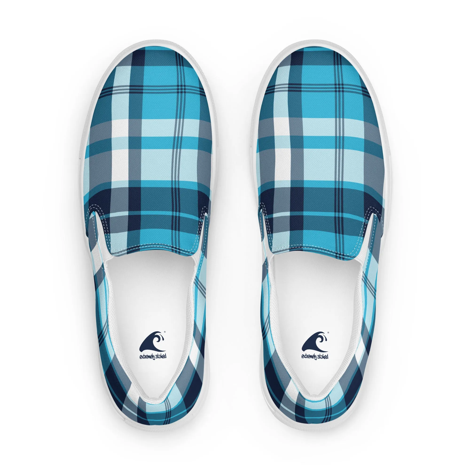 Aqua and Navy Blue Preppy Surfer Plaid Men’s Slip On Canvas Shoes