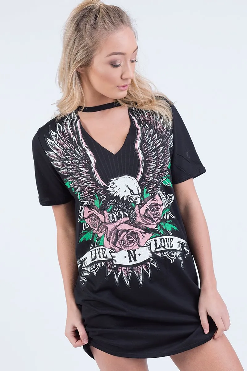 Black Choker Live N Love Eagle Print T Shirt Dress - Tia