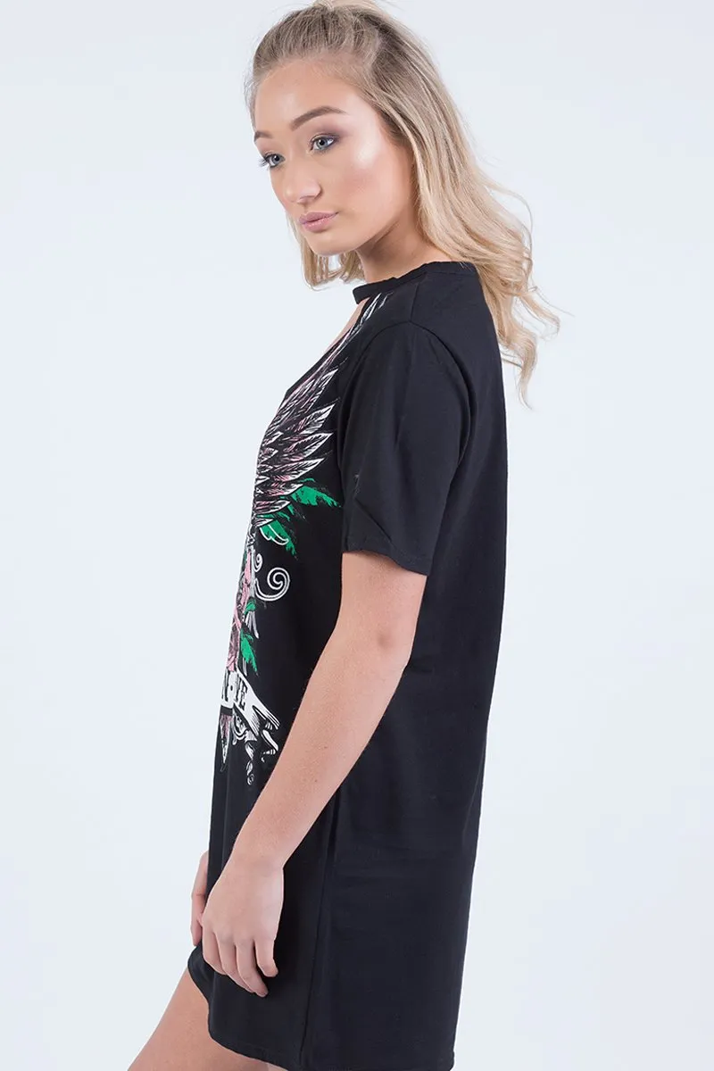 Black Choker Live N Love Eagle Print T Shirt Dress - Tia