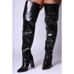 Black Croc Print Block Heel Thigh High Boots