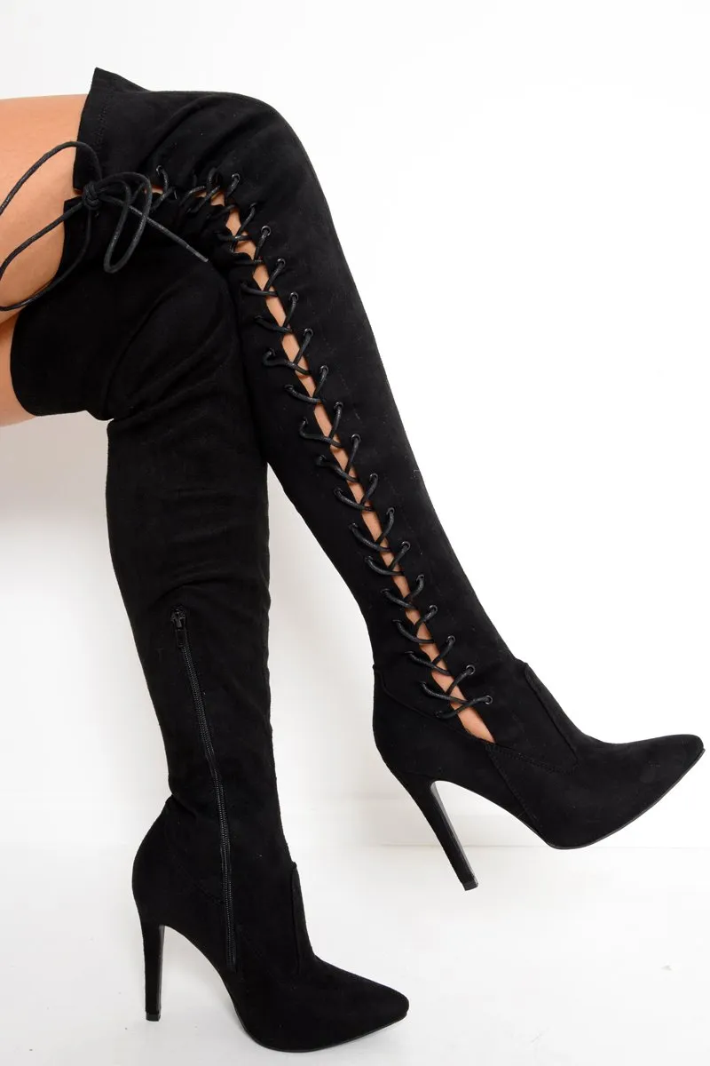 Black Faux Suede Lace Up Side Thigh High Boots - Giavanni