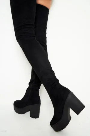 Black Faux Suede Thigh High Boots - Vayda