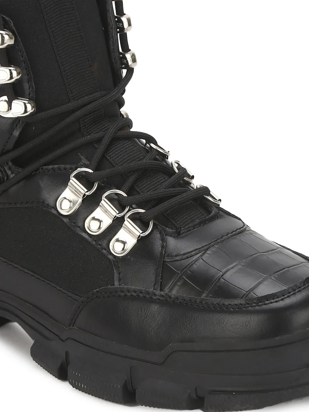 Black PU Cleated Bottom Eyelets Lace-Up Men Boots