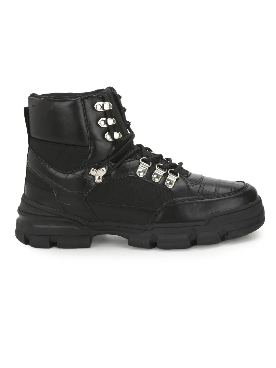 Black PU Cleated Bottom Eyelets Lace-Up Men Boots