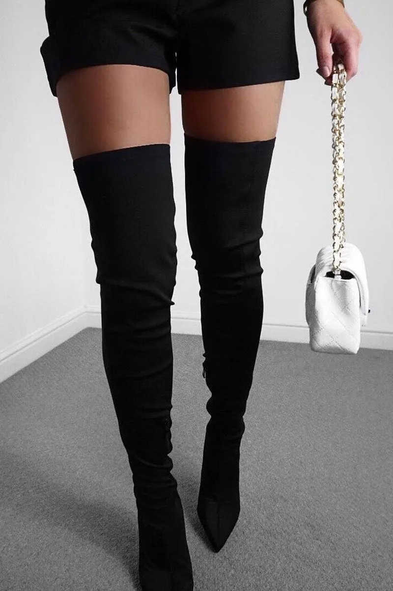 Black Stretch Thigh High Boots - Mialynn