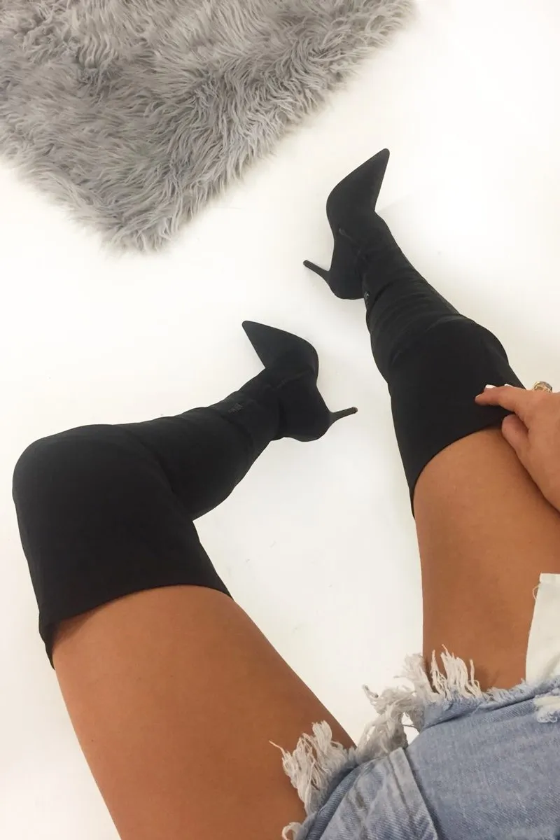 Black Stretch Thigh High Boots - Mialynn