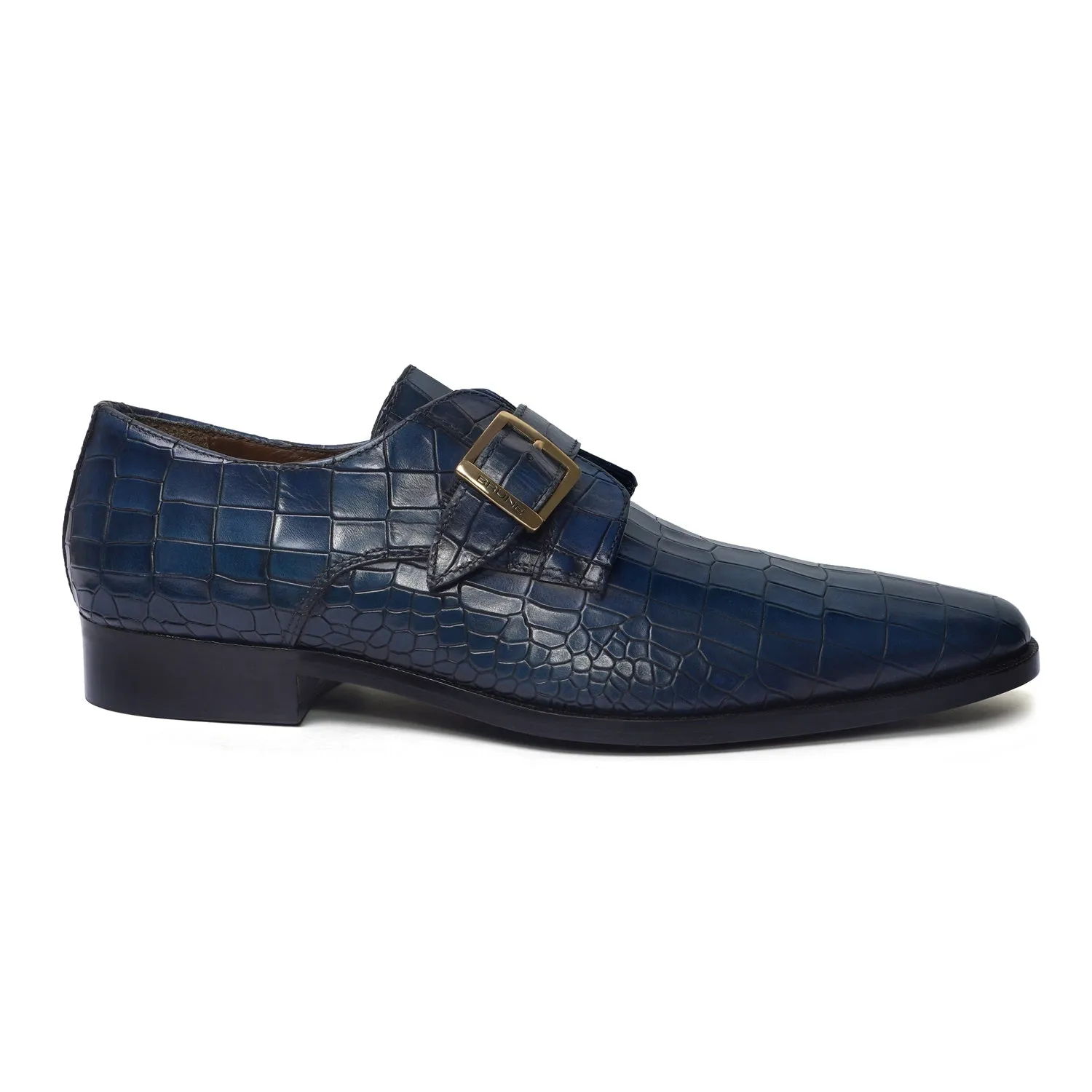 Blue Deep Cut Leather Slant Toe Derby Monk Strap Shoes