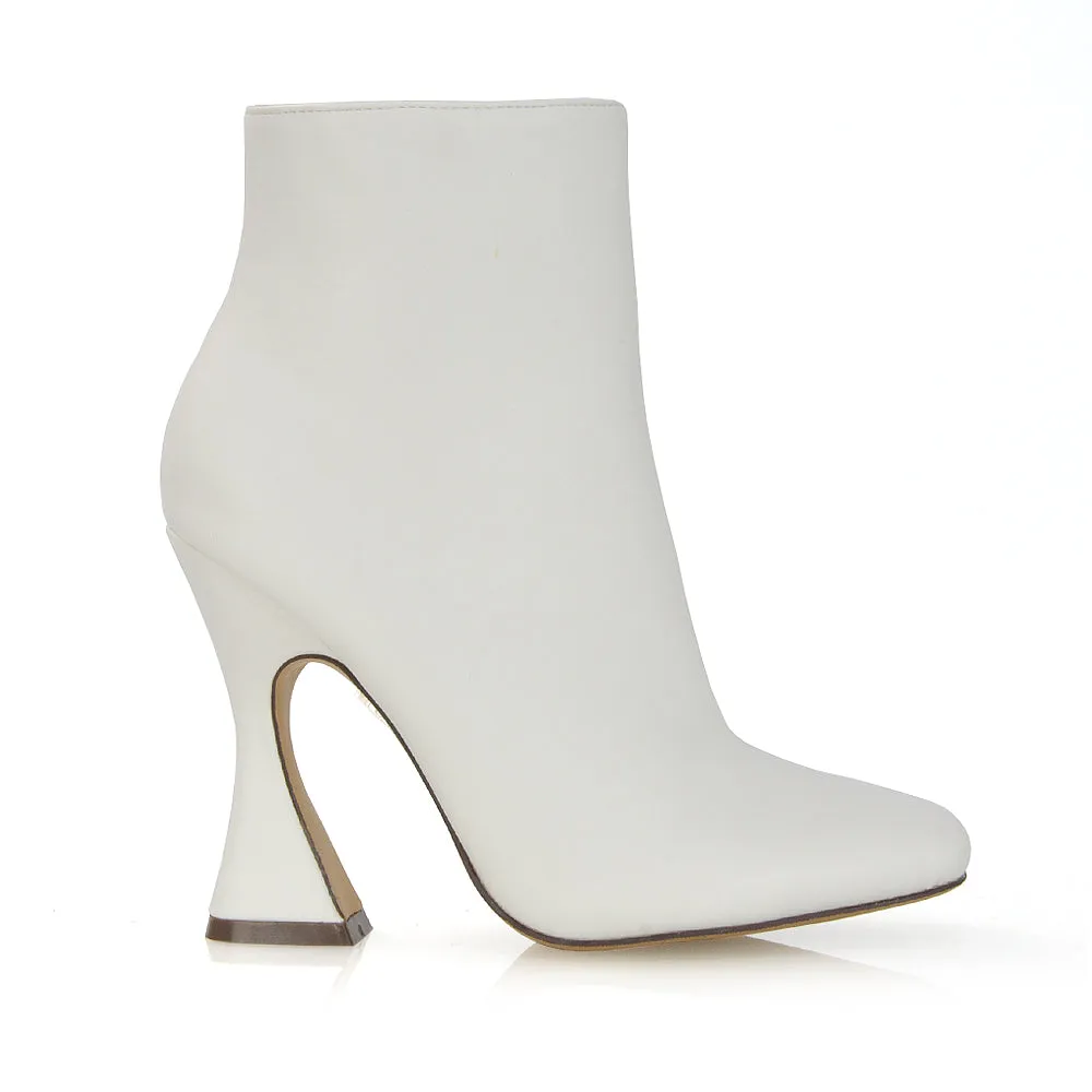 BROOKE SQUARE TOE INSIDE ZIP-UP SCULPTURED HIGH HEEL ANKLE BOOTS IN WHITE SYNTHETIC LEATHER