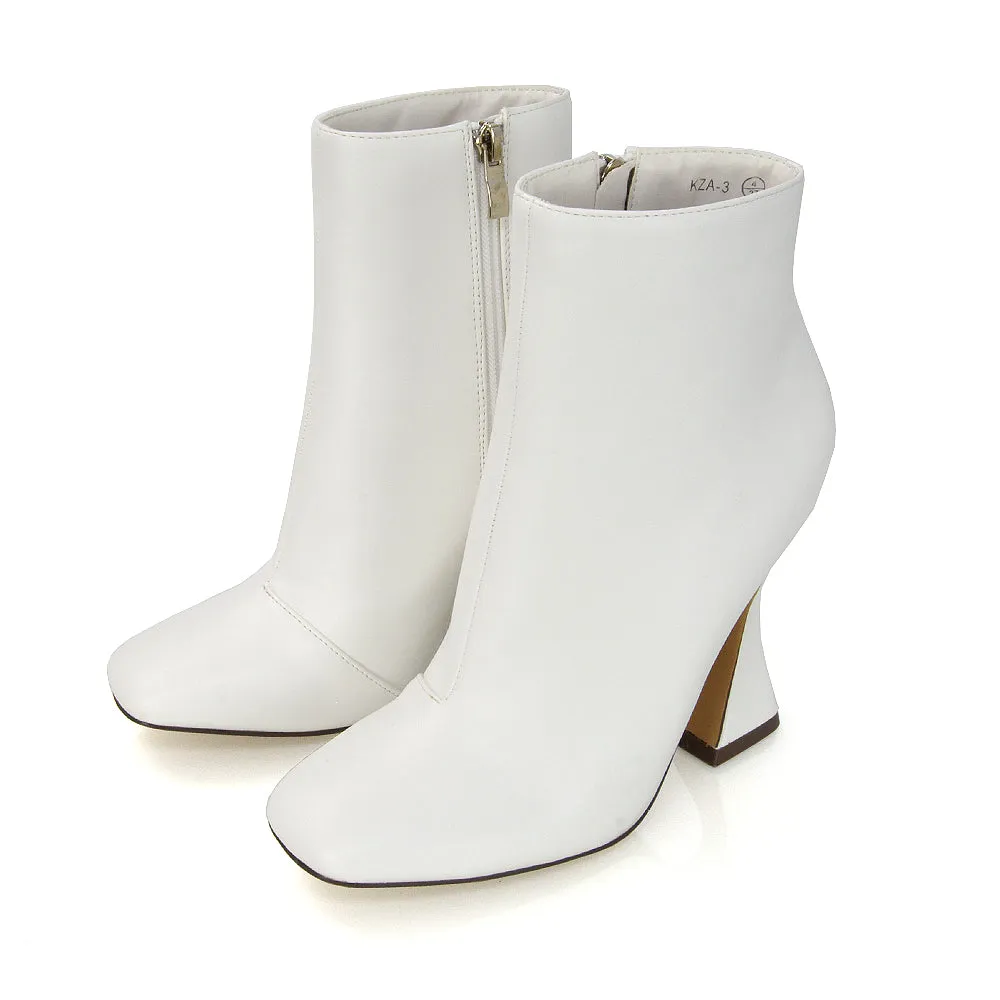 BROOKE SQUARE TOE INSIDE ZIP-UP SCULPTURED HIGH HEEL ANKLE BOOTS IN WHITE SYNTHETIC LEATHER