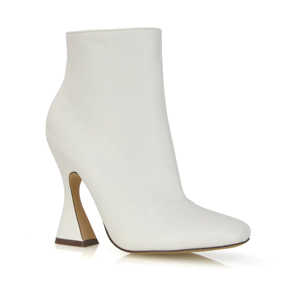 BROOKE SQUARE TOE INSIDE ZIP-UP SCULPTURED HIGH HEEL ANKLE BOOTS IN WHITE SYNTHETIC LEATHER