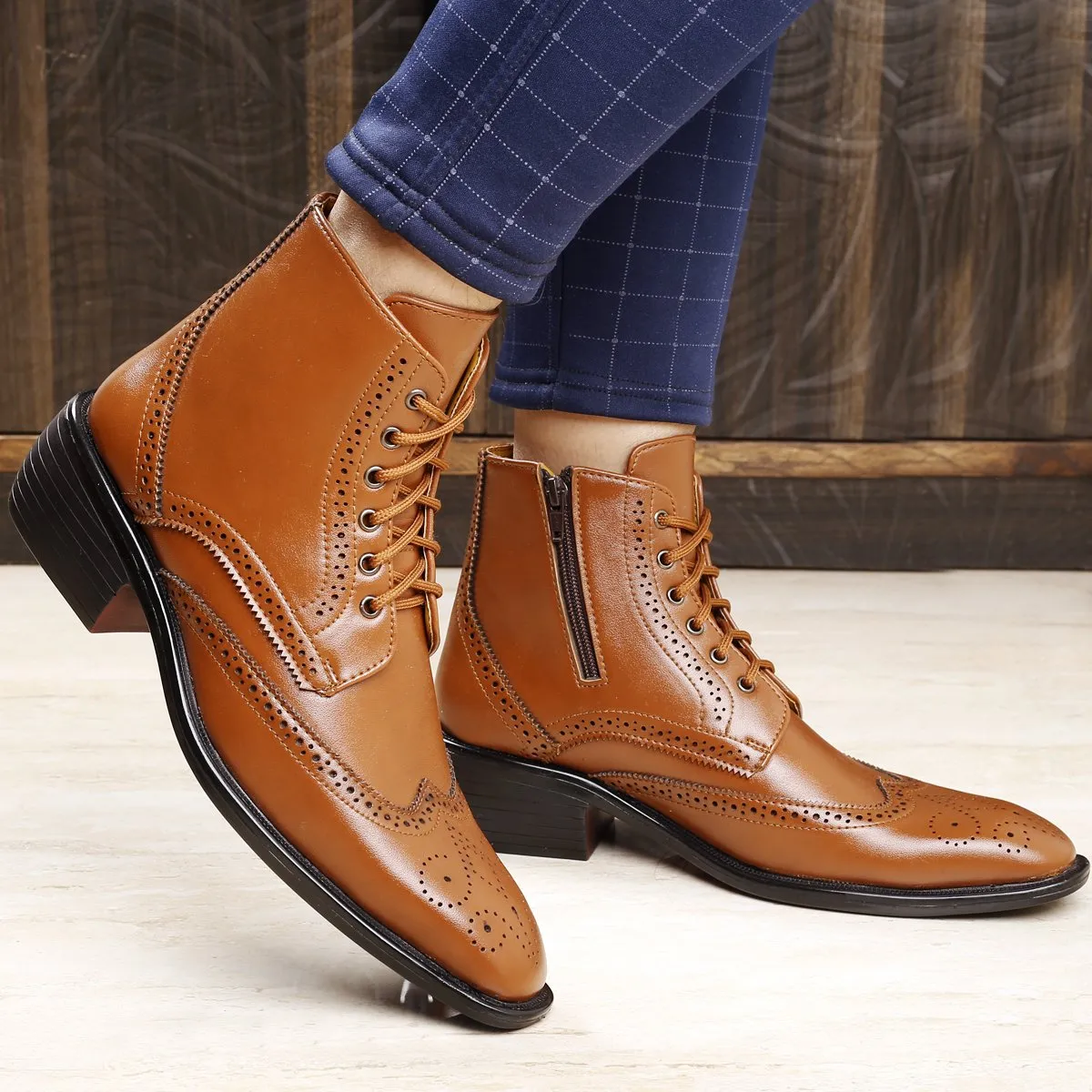 Bxxy's Height Increasing Men's Semi-Formal Cow Boy Ankle Zipper Lace-Up Brogue Boots