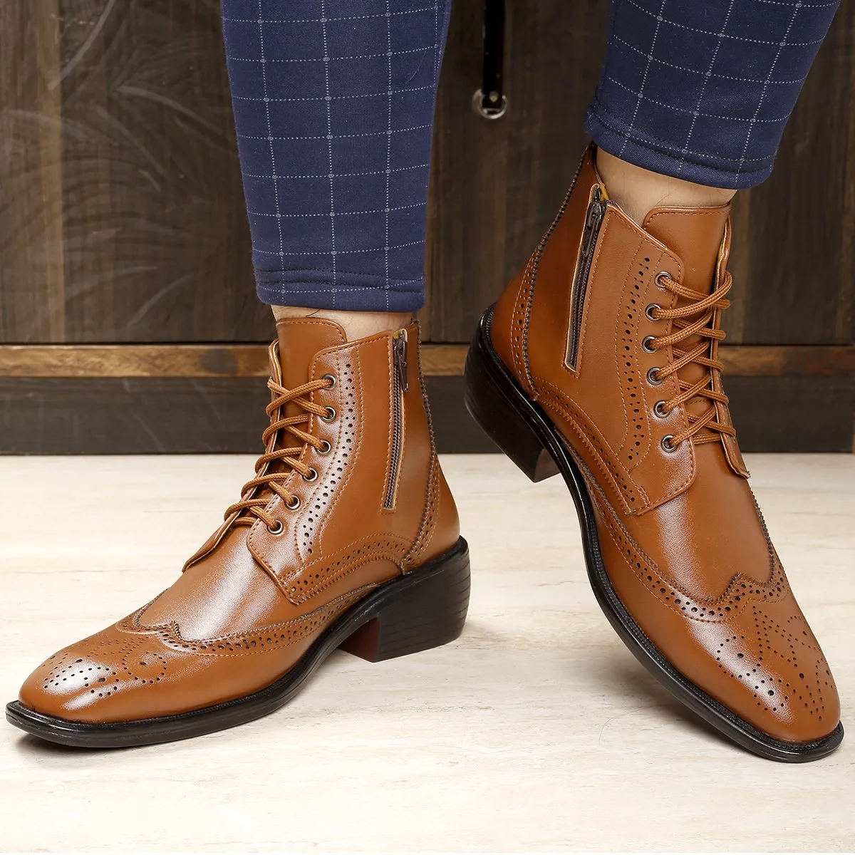 Bxxy's Height Increasing Men's Semi-Formal Cow Boy Ankle Zipper Lace-Up Brogue Boots