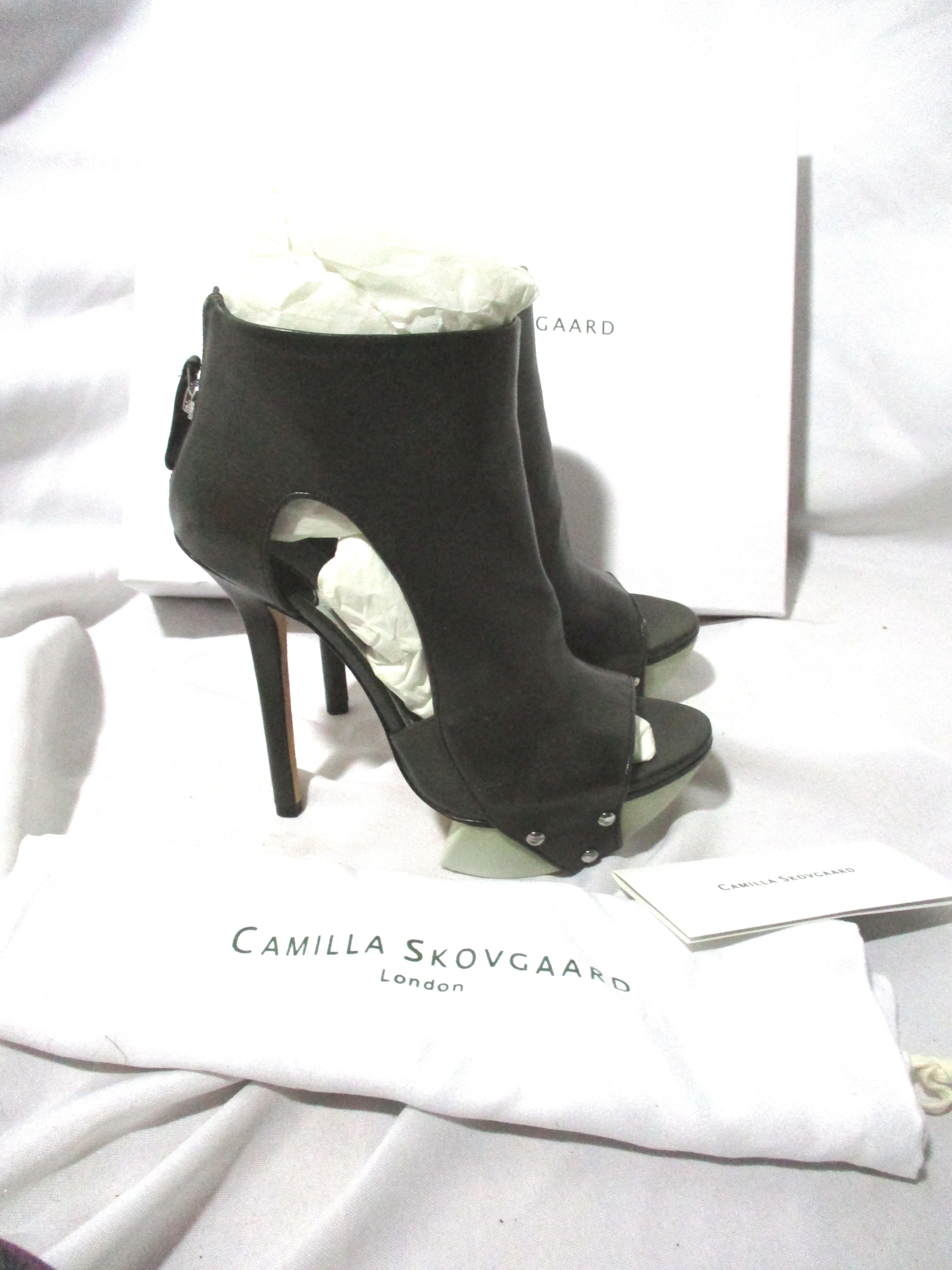 CAMILLA SKOVGAARD OPEN TOE STILETTO Ankle Boot Leather Stud OLIVE 36.5