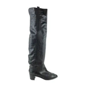 Chanel Black Leather Patent Cap Toe Over-The-Knee Boots