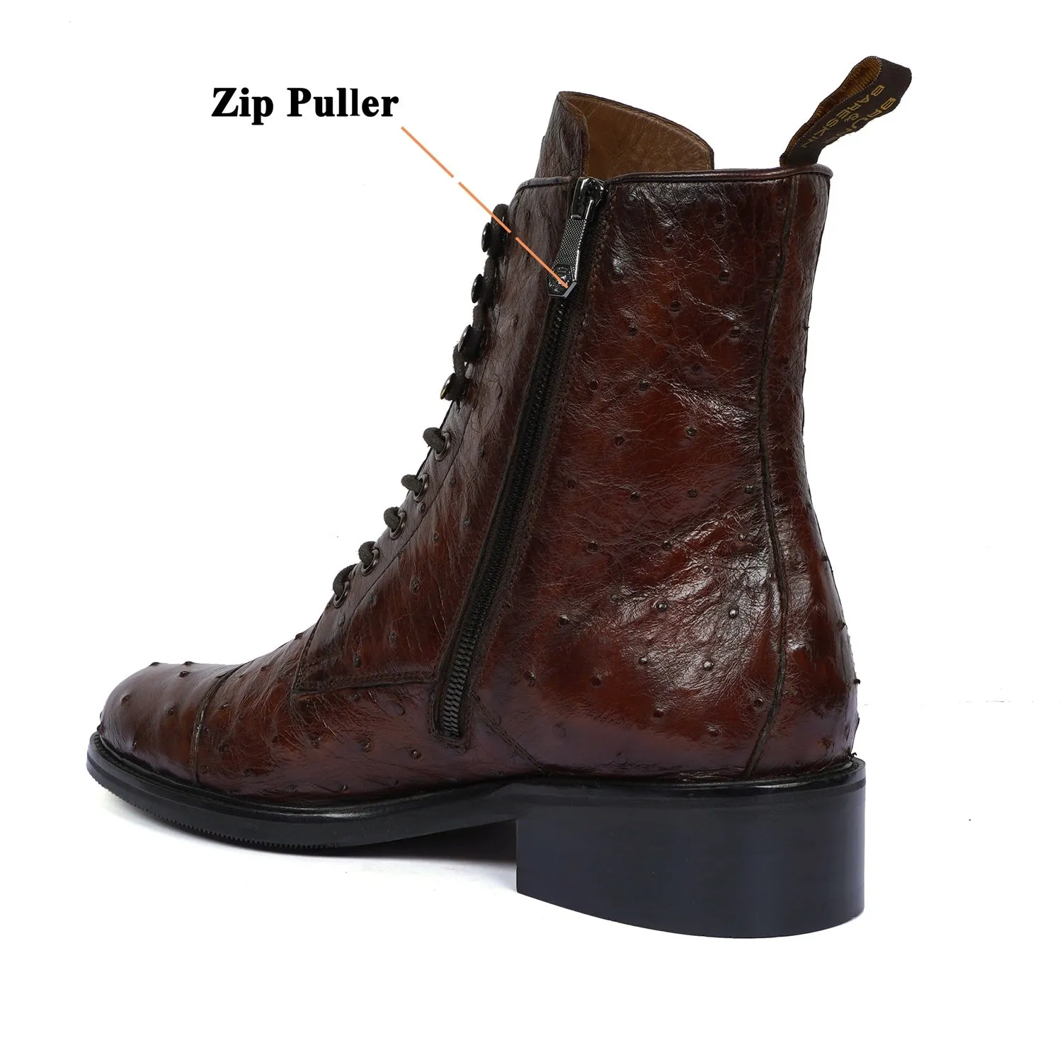 Cognac High Ankle Boot in Exotic Real Ostrich Leather