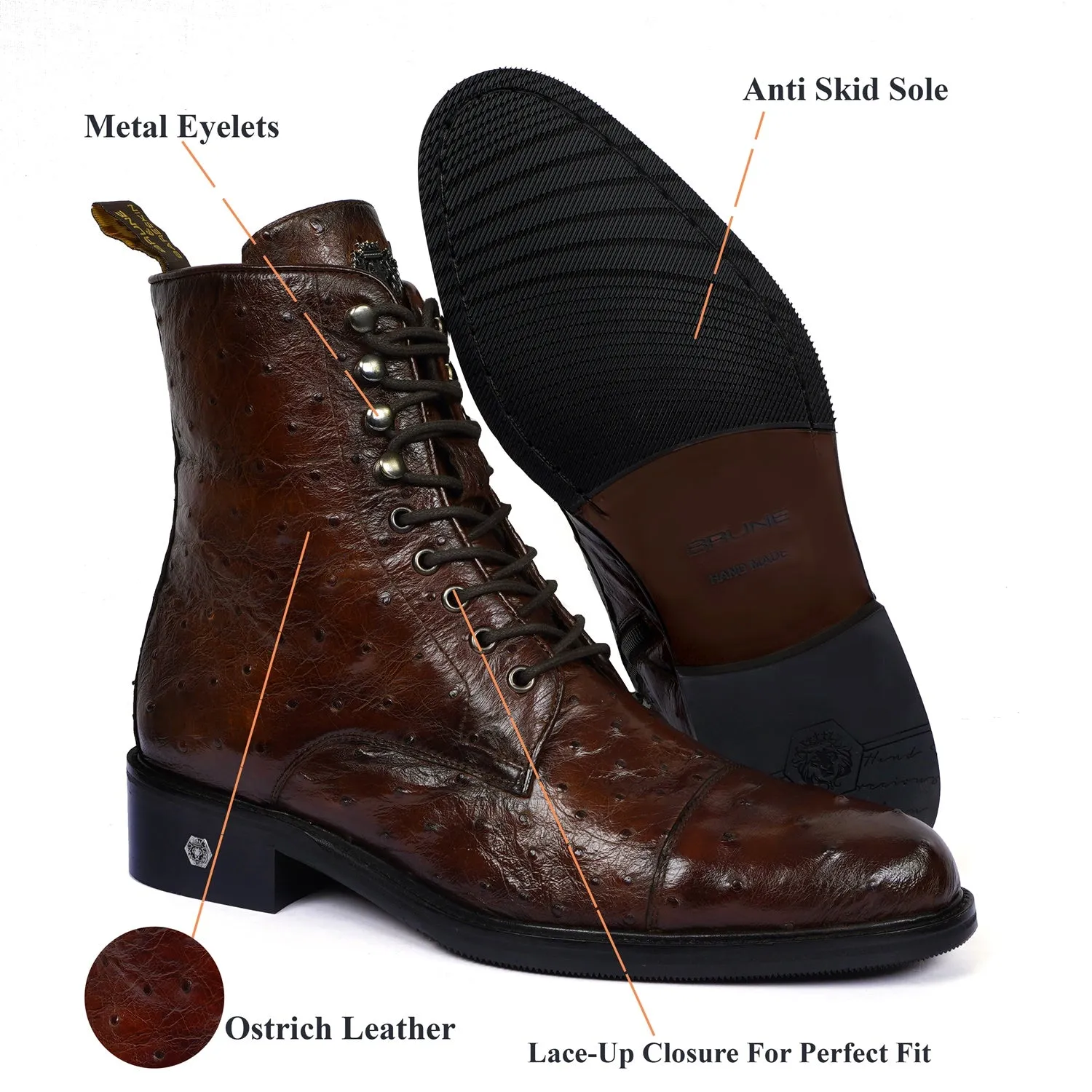 Cognac High Ankle Boot in Exotic Real Ostrich Leather