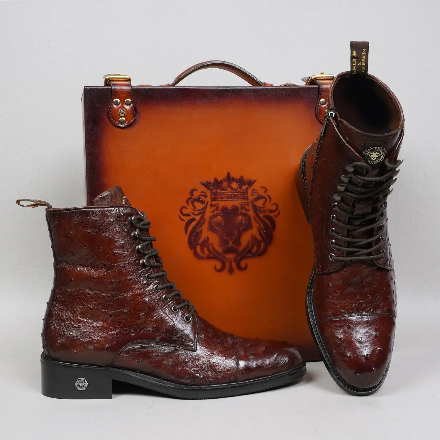 Cognac High Ankle Boot in Exotic Real Ostrich Leather