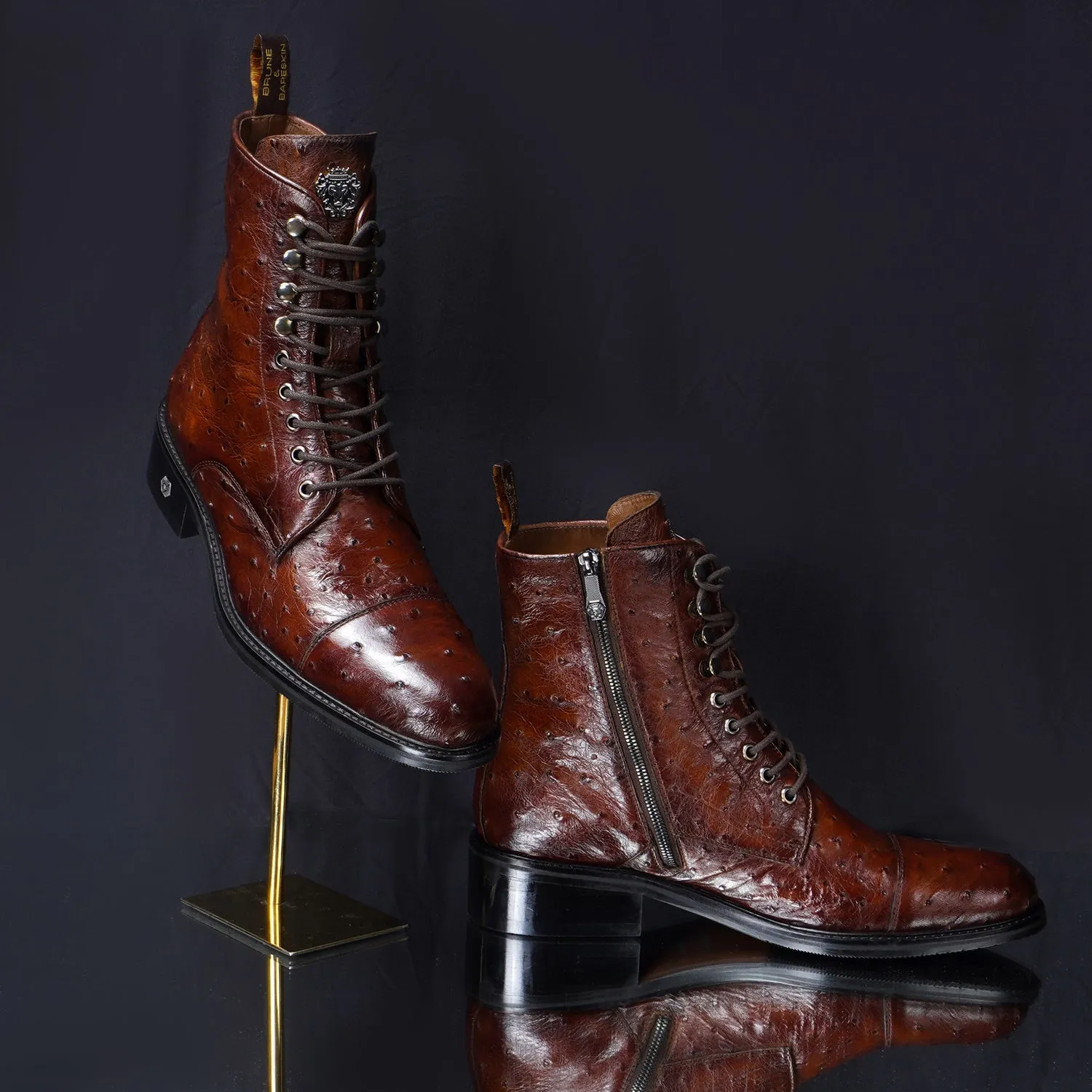 Cognac High Ankle Boot in Exotic Real Ostrich Leather