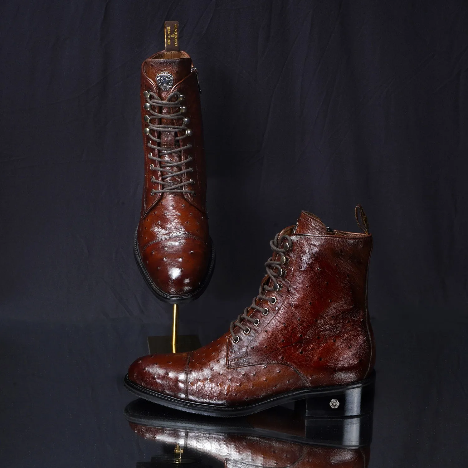 Cognac High Ankle Boot in Exotic Real Ostrich Leather