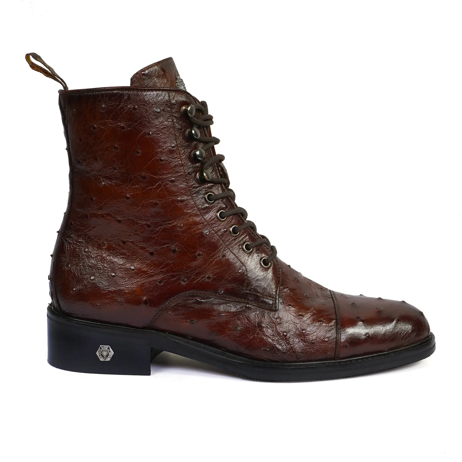 Cognac High Ankle Boot in Exotic Real Ostrich Leather