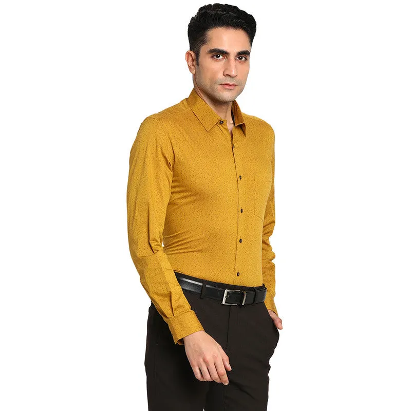 Cotton Mustard Yellow Slim Fit Printed Formal Shirts