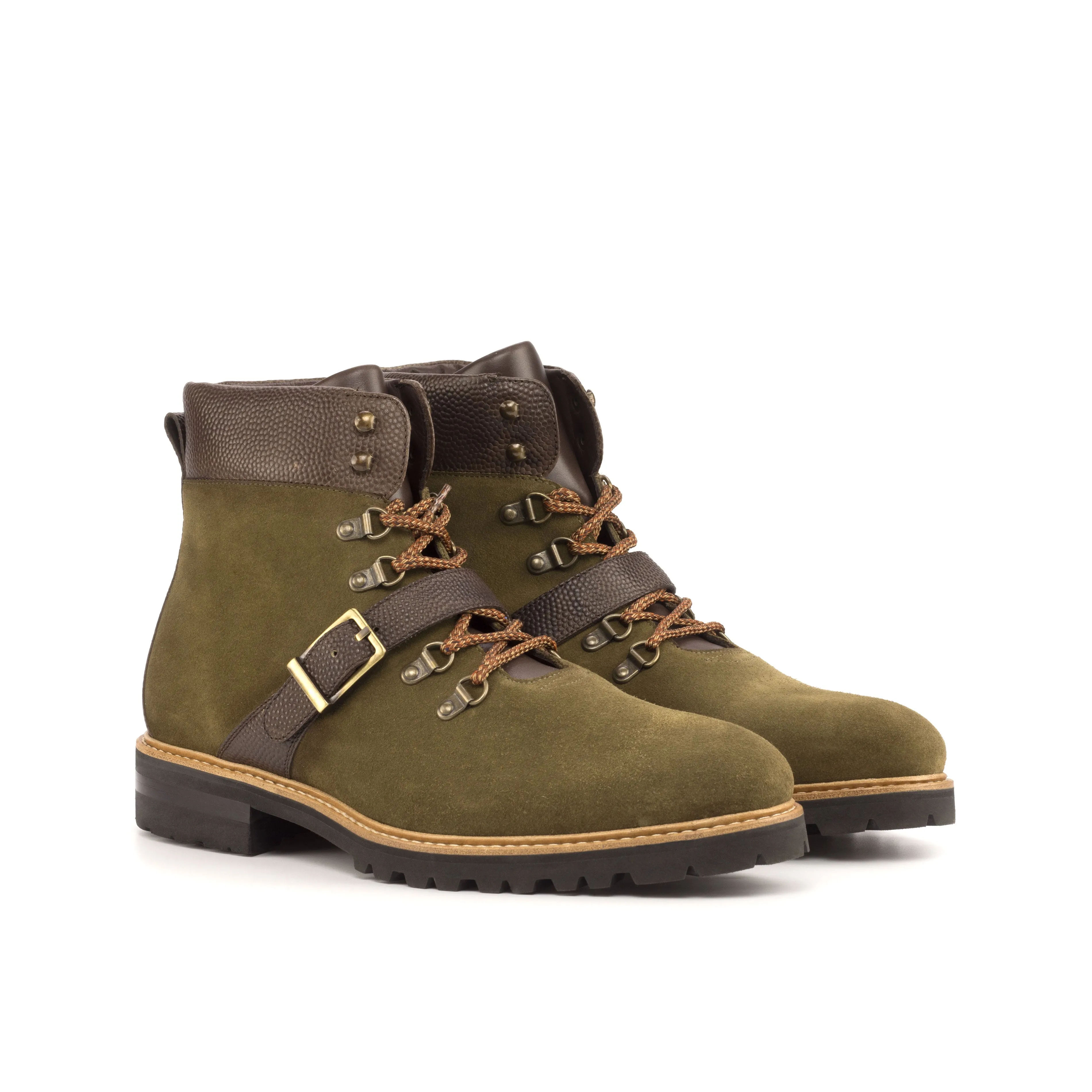 DapperFam Everest in Khaki / Dark Brown Men's Lux Suede & Italian Pebble Grain Leather Hiking Boot