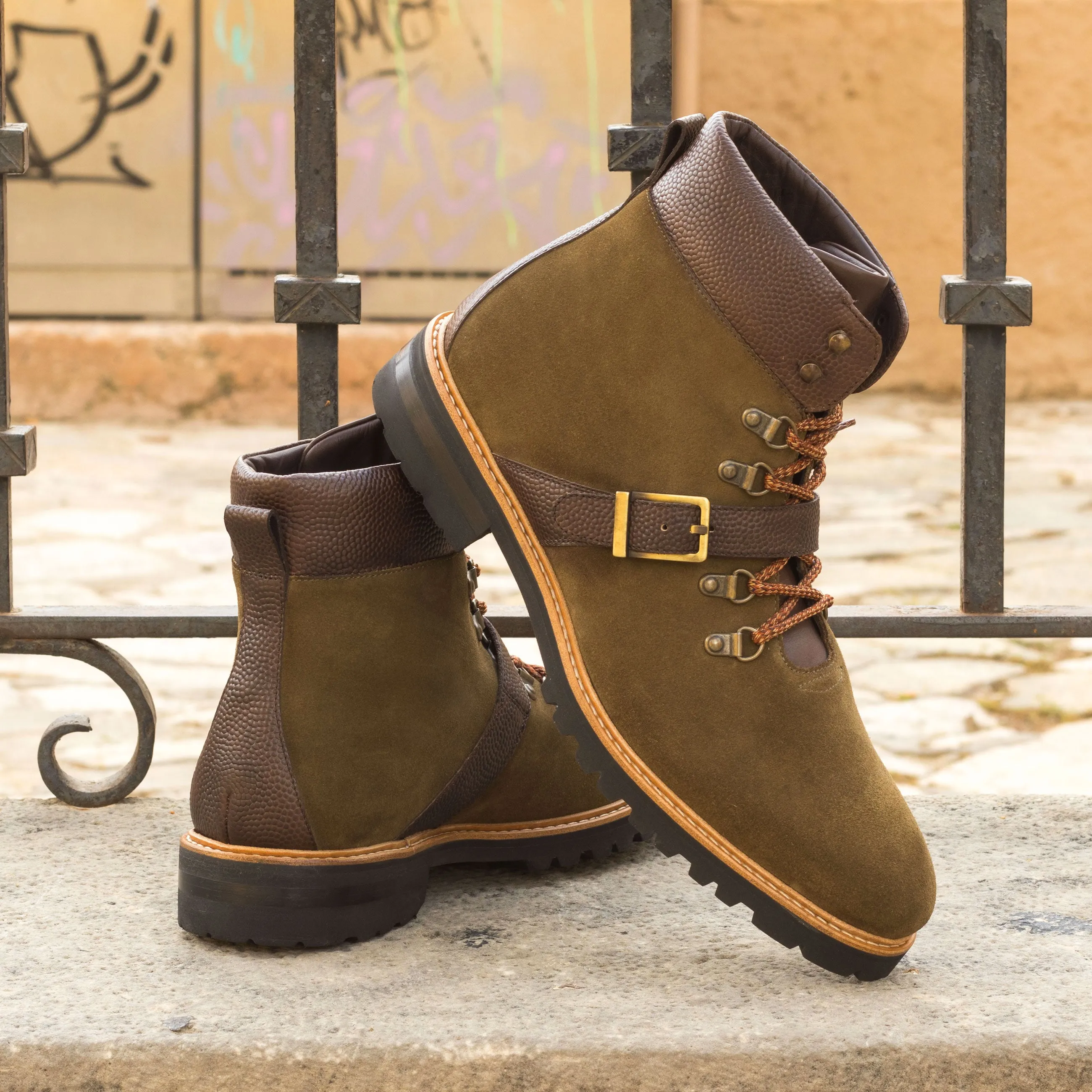 DapperFam Everest in Khaki / Dark Brown Men's Lux Suede & Italian Pebble Grain Leather Hiking Boot