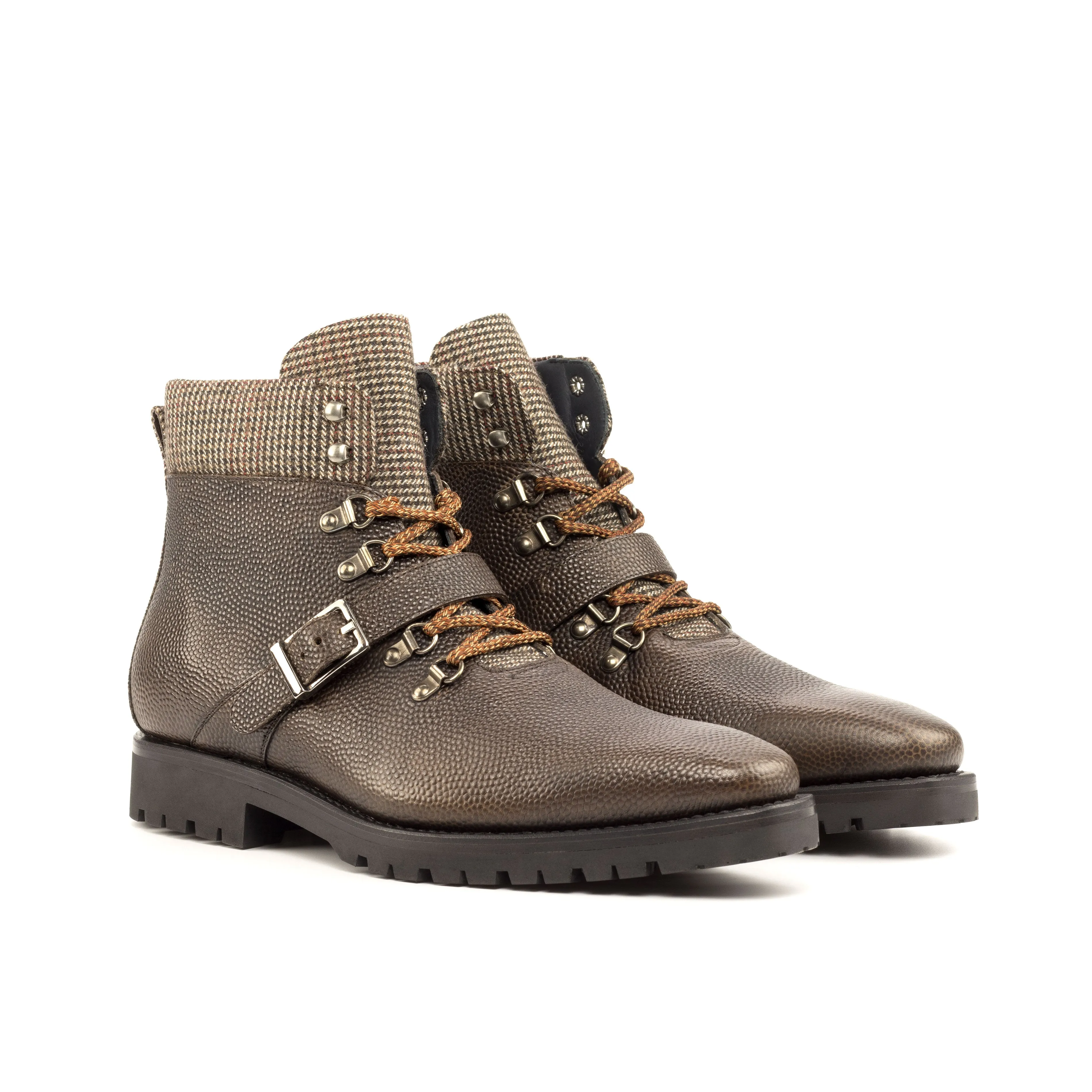 DapperFam Everest in Tweed / Dark Brown Men's Sartorial & Italian Pebble Grain Leather Hiking Boot