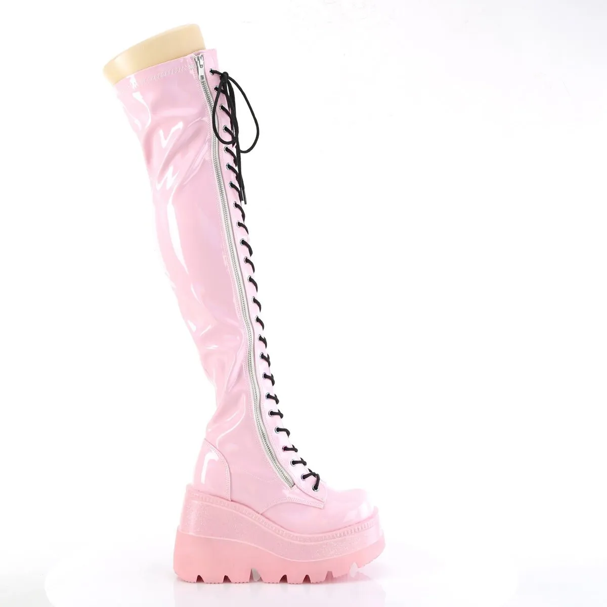 Demonia SHAKER-374 | Pink Holo Stretch Patent Over-the-Knee Boots