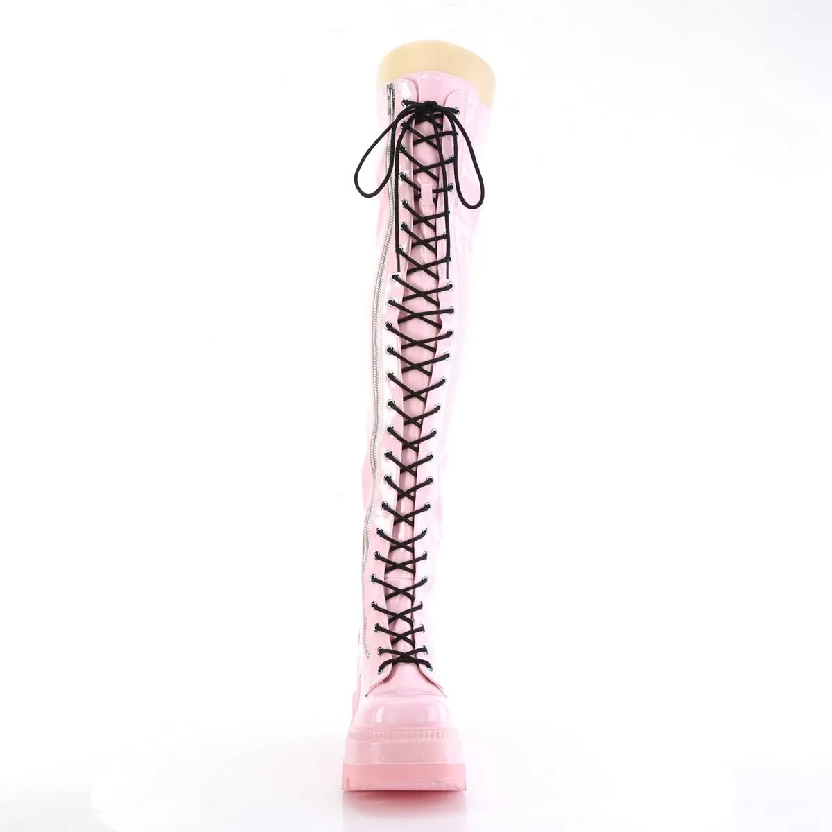 Demonia SHAKER-374 | Pink Holo Stretch Patent Over-the-Knee Boots