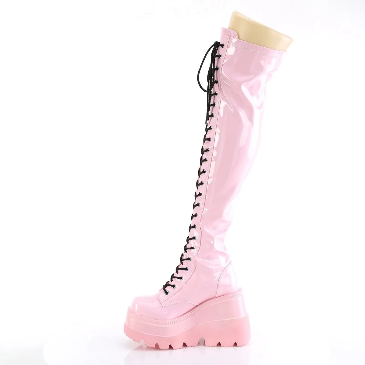 Demonia SHAKER-374 | Pink Holo Stretch Patent Over-the-Knee Boots