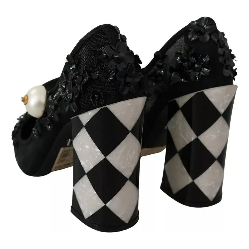 Dolce & Gabbana Black Floral Embellish Heels Mary Janes Pumps Shoes