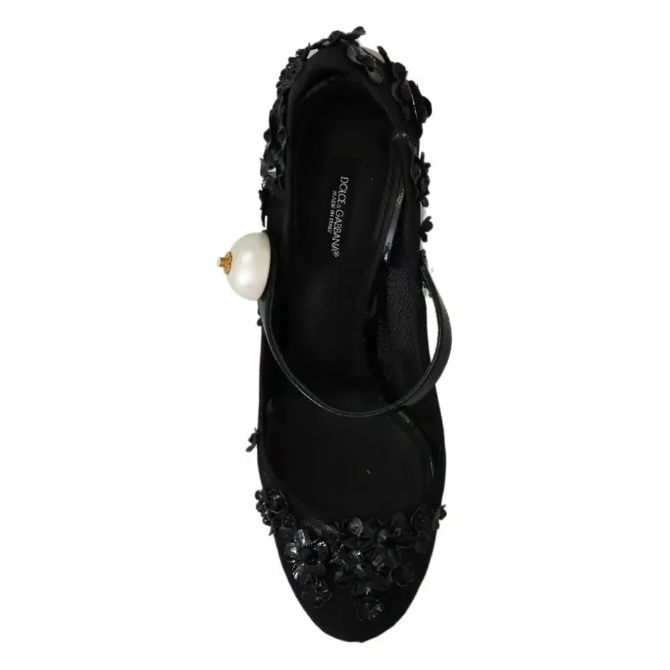 Dolce & Gabbana Black Floral Embellish Heels Mary Janes Pumps Shoes