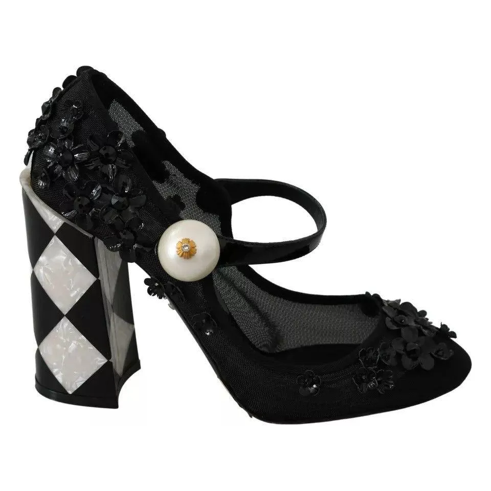 Dolce & Gabbana Black Floral Embellish Heels Mary Janes Pumps Shoes