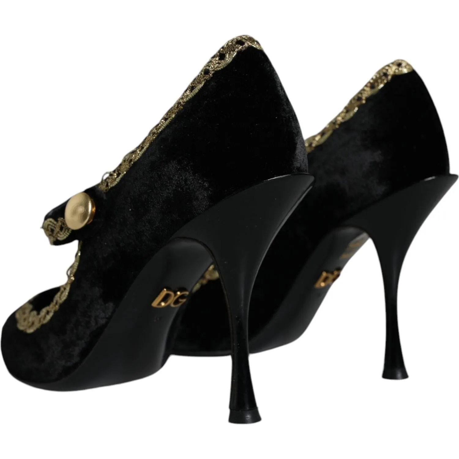 Dolce & Gabbana Black Mary Janes Velvet Gold Pumps Shoes