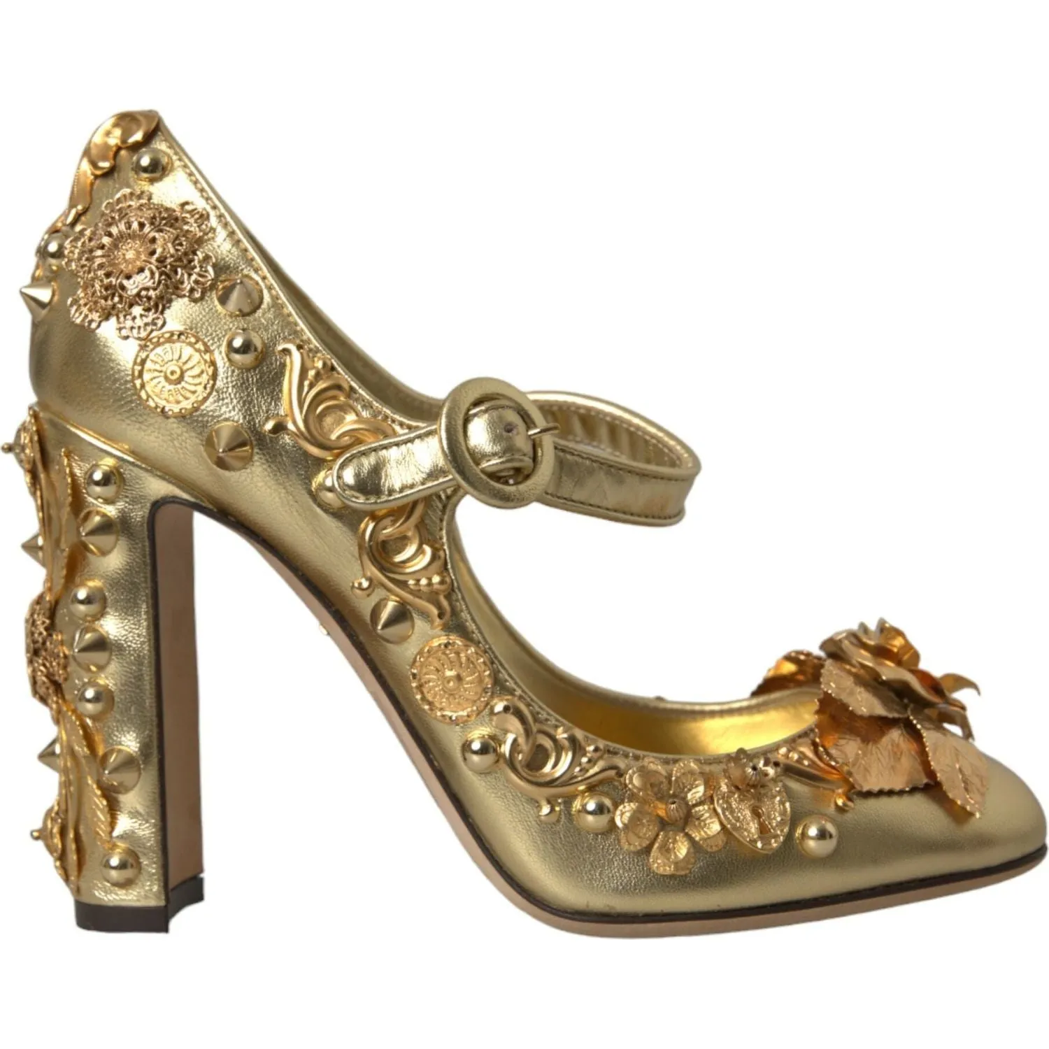 Dolce & Gabbana Gold Leather Crystal Mary Janes Pumps Shoes