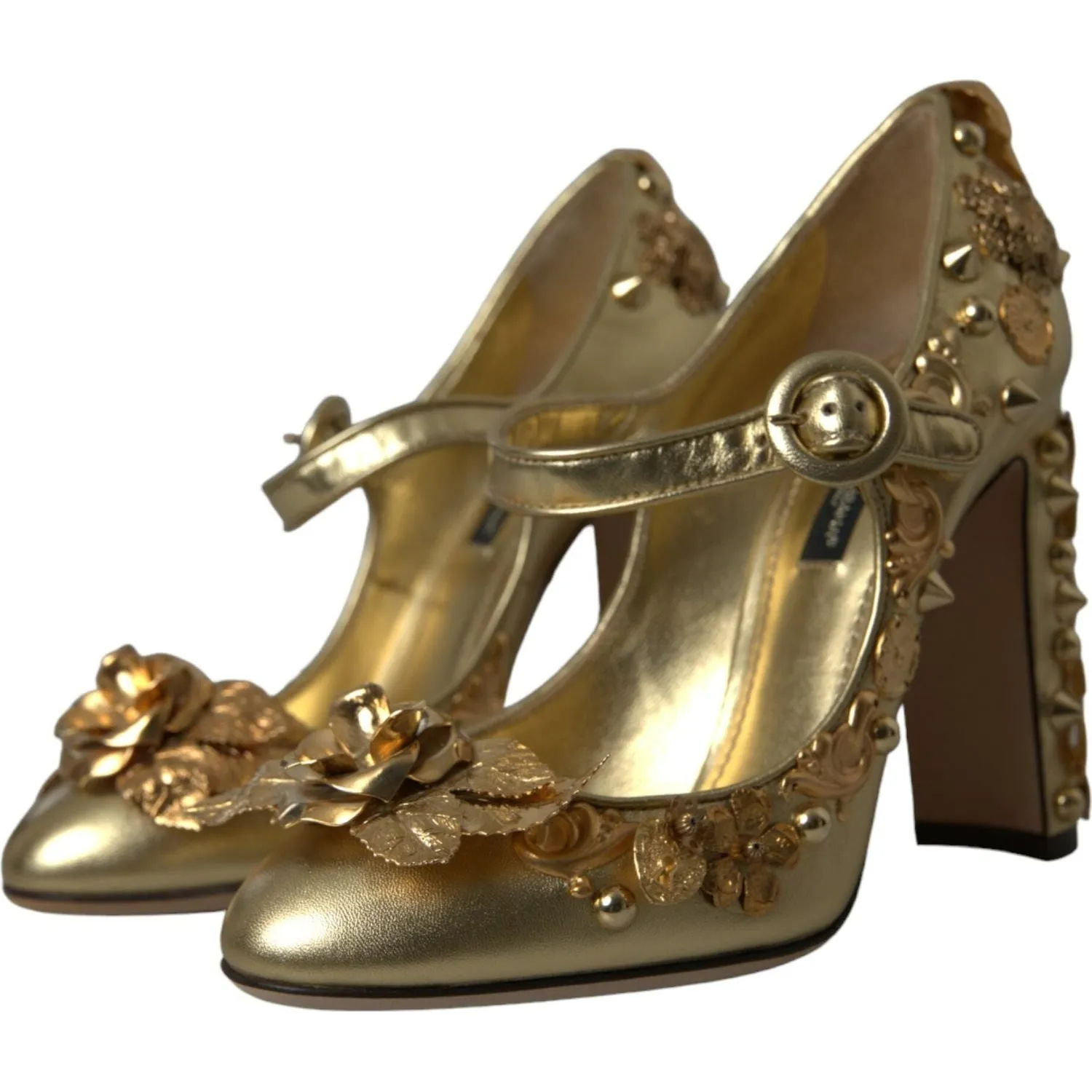 Dolce & Gabbana Gold Leather Crystal Mary Janes Pumps Shoes