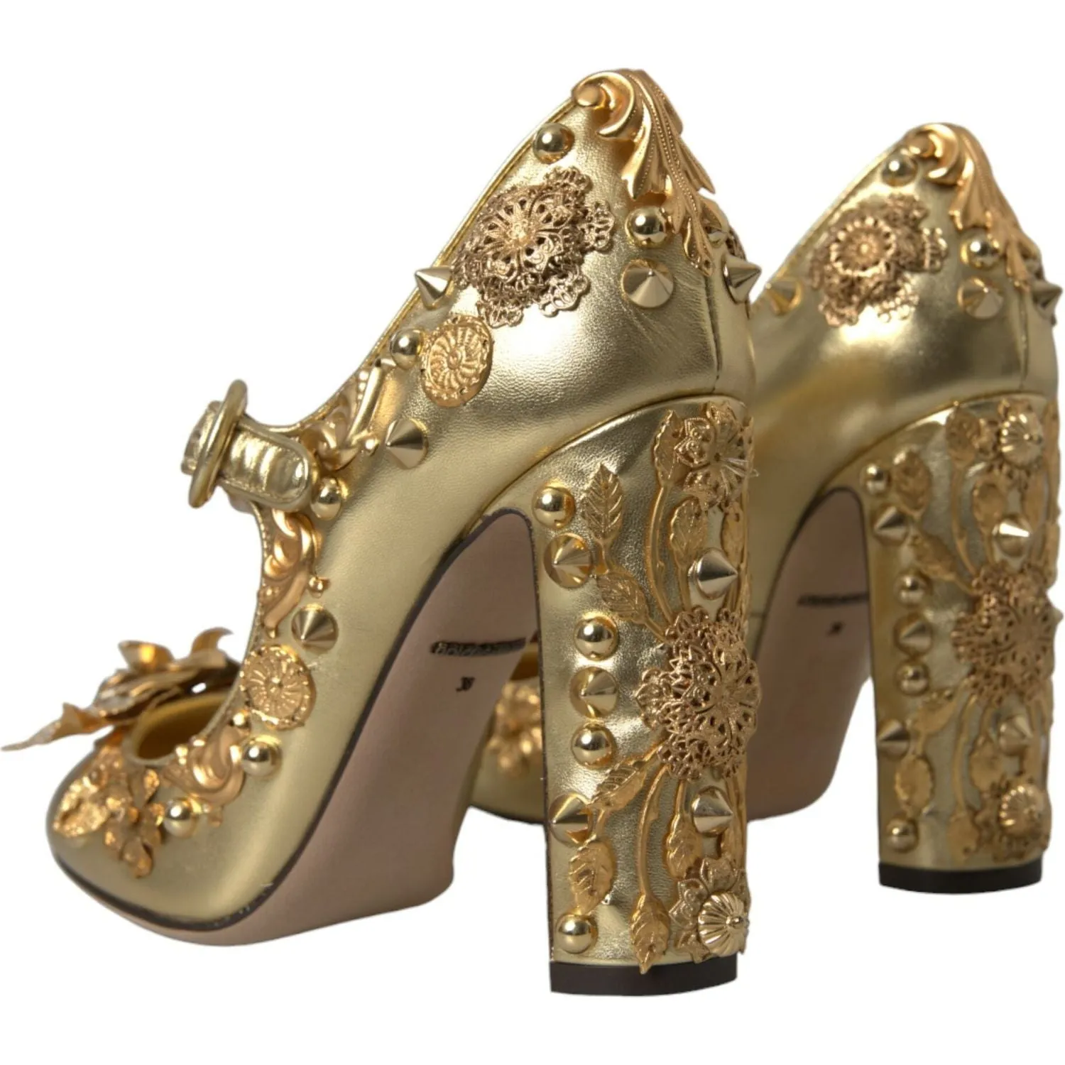 Dolce & Gabbana Gold Leather Crystal Mary Janes Pumps Shoes