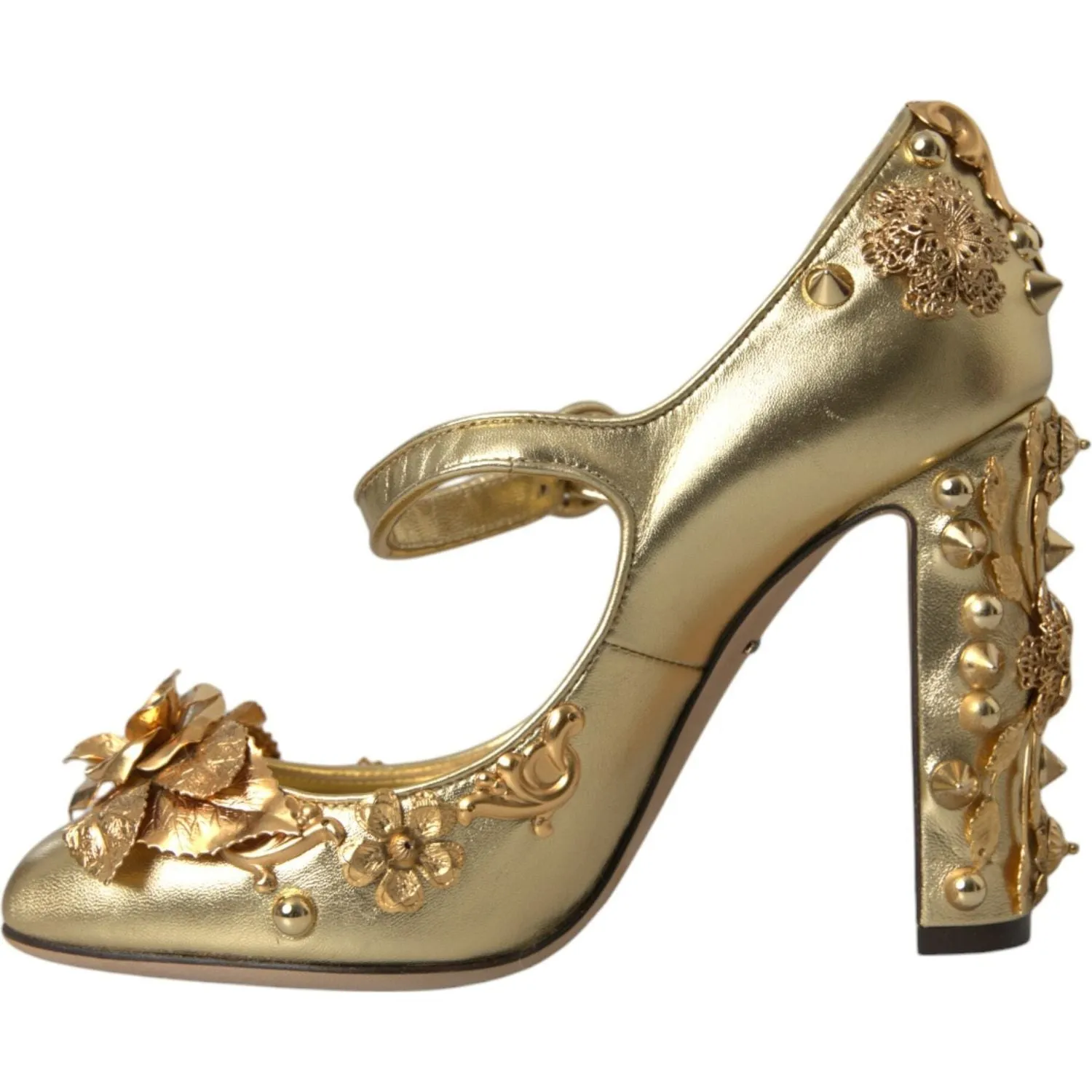 Dolce & Gabbana Gold Leather Crystal Mary Janes Pumps Shoes