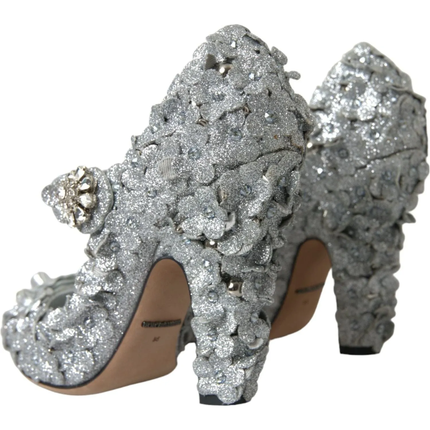 Dolce & Gabbana Silver Floral Crystal Mary Jane Pumps Shoes