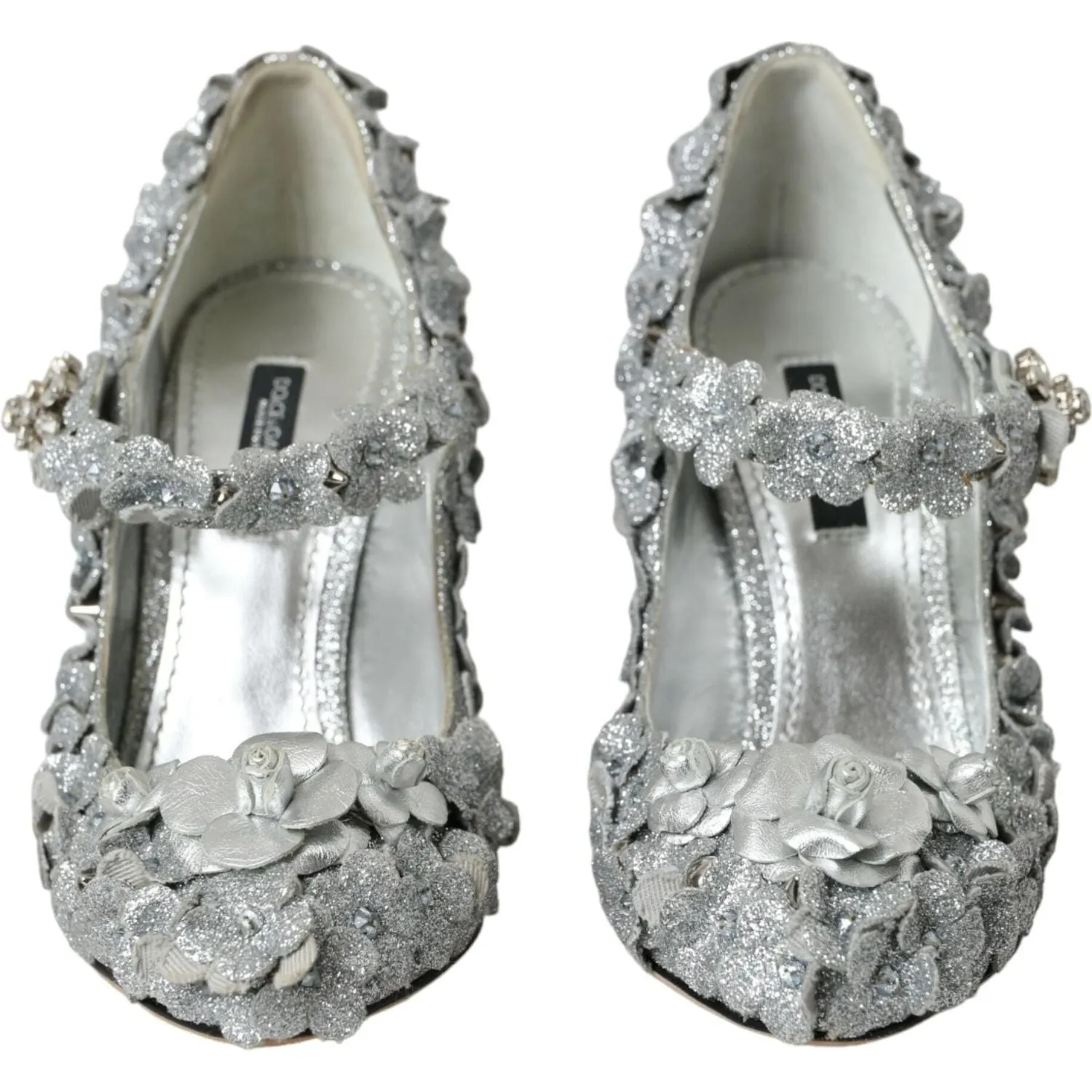 Dolce & Gabbana Silver Floral Crystal Mary Jane Pumps Shoes