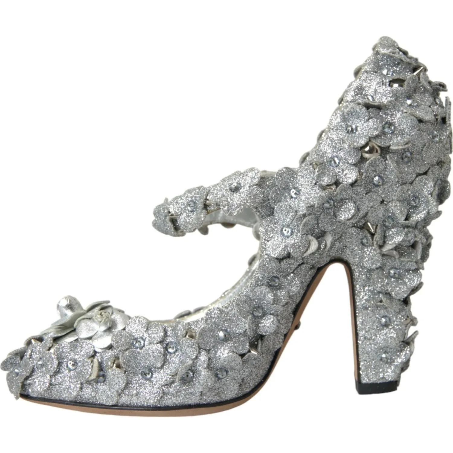 Dolce & Gabbana Silver Floral Crystal Mary Jane Pumps Shoes