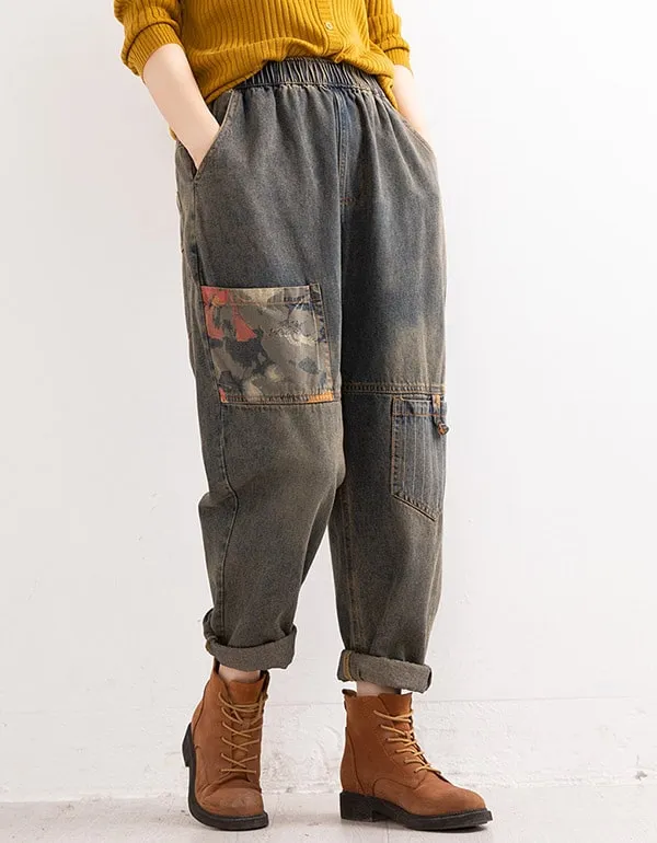 Embroidery Printed Retro Denim Harem Trousers